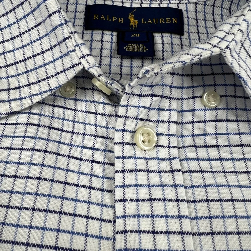 Ralph Lauren Button Down Shirt Boys 20 White Blue Grid Check Cotton Preppy